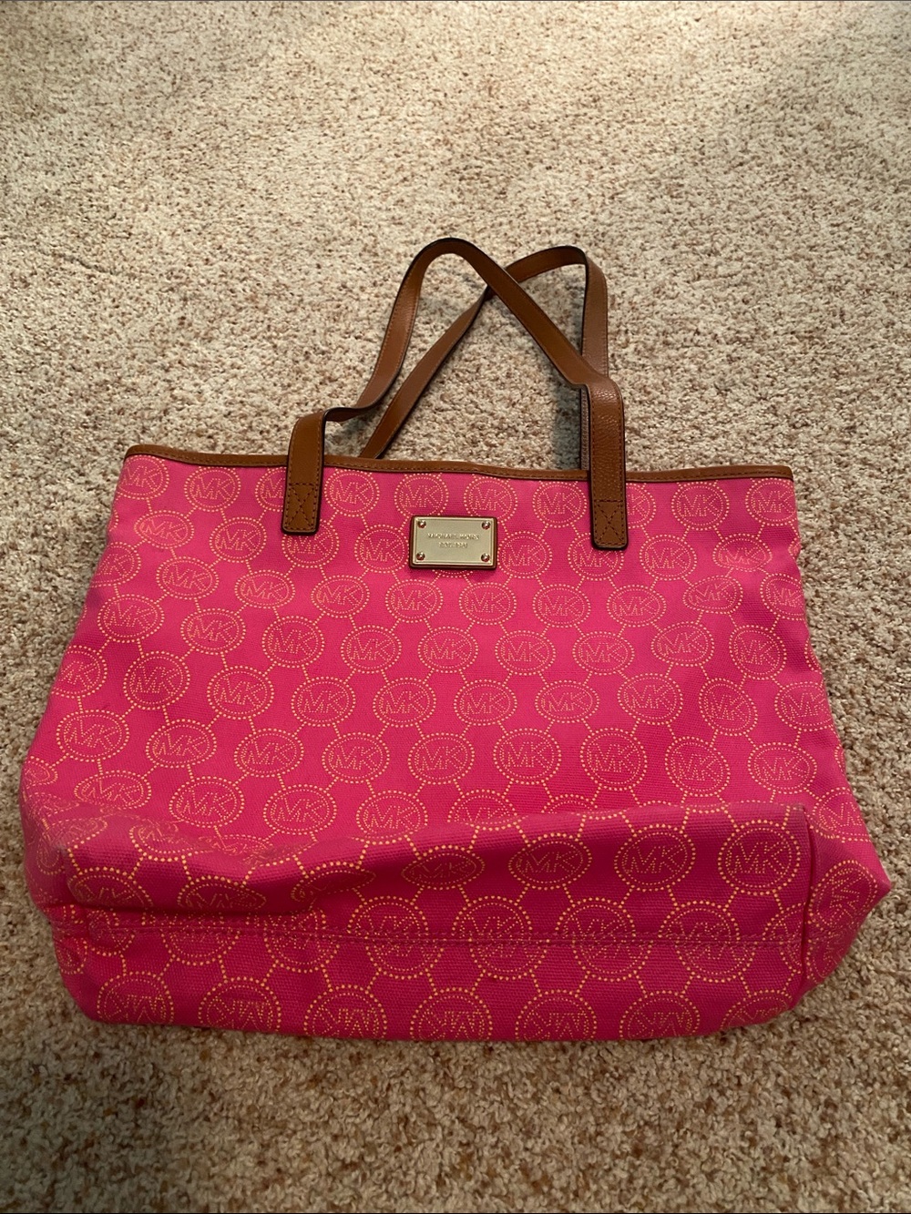 Michael Kors Hot Pink Logo Tote with Brown Trim